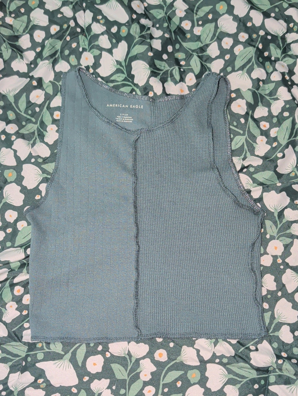 American Eagle Outfitters Dark Green Split-Rib Tank Top- Cropped